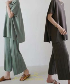 送料無料SALE | セットアップ ニット トップス パンツ ストレッチ 涼感 夏ニット 半袖 九分丈 ウエストゴム レディース 2点セット ゆったり Vネック 無地 30代40代 上品