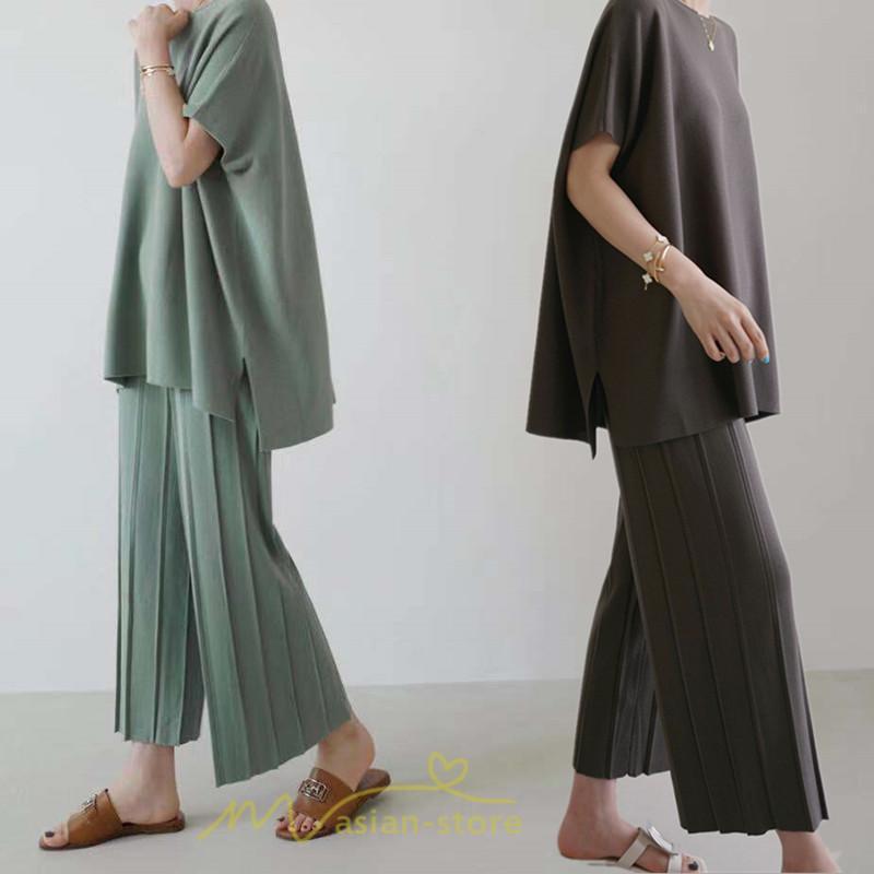 送料無料SALE | セットアップ ニット トップス パンツ ストレッチ 涼感 夏ニット 半袖 九分丈 ウエストゴム レディース 2点セット ゆったり Vネック 無地 30代40代 上品