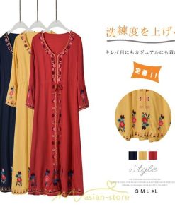 マキシ | ロングワンピース ロング丈 刺繍 ワンピ 民族風 エスニック風 長袖 ゆったり 体型カバー シンプル ナチュラル 花柄 旅行 着痩せ 綿麻 お出かけ　 リゾート