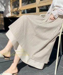 スカート | フレアロングレデイース リネンウエストゴム 綿麻混 マキシマキシ リゾート チェック柄 体型カバー