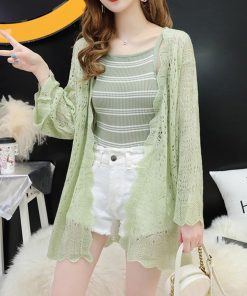 透かし編みトップス | ロングリブカーデ 透け感 カーディガン