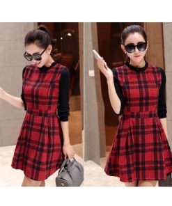 ニットワンピース | 即日秋冬 切り替え チェック柄 ドッキングワンピース ニット セーター 長袖 Aライン 20代30代 クルーネック 大人 可愛い 膝上丈