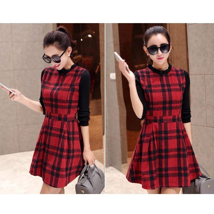 ニットワンピース | 即日秋冬 切り替え チェック柄 ドッキングワンピース ニット セーター 長袖 Aライン 20代30代 クルーネック 大人 可愛い 膝上丈
