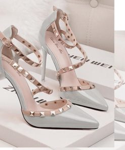 サンダル | レディース エレガント ハイヒール リベット ポインテッドトゥ ピンヒール アンクルストラップ シューズ 痛くない パンプス