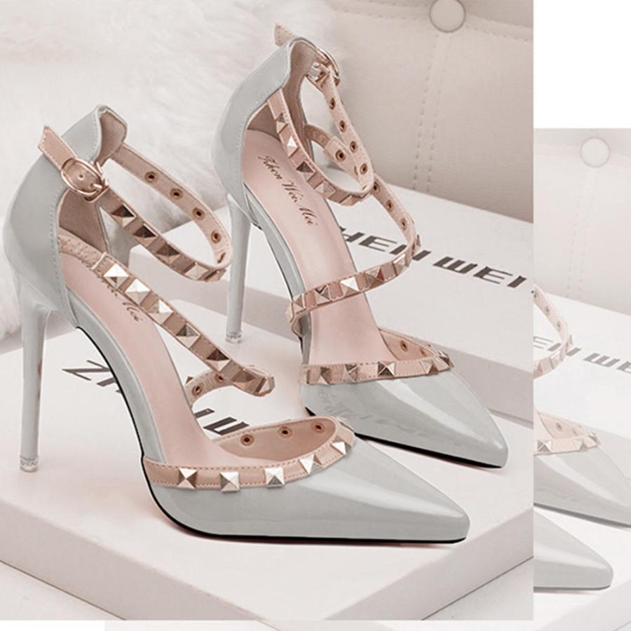 サンダル | レディース エレガント ハイヒール リベット ポインテッドトゥ ピンヒール アンクルストラップ シューズ 痛くない パンプス