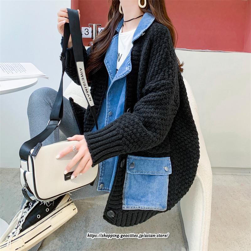コート・ジャケット | ジャケット レディース 長袖 トップス ニット ニットカーディガン 切り替え デニム アウター 配色 デザイン おしゃれ 冬 カジュアル 2022 秋 カーディガン