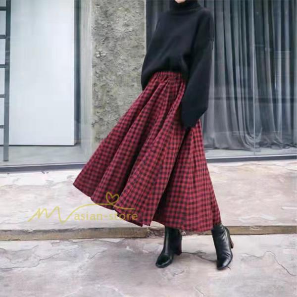 スカート | ブロックチェック ロングフレア Aライン ボトムス チェック 柄 マキシ韓国ファッション ゆったり 20代30代40代50代 通勤通学 着痩せ