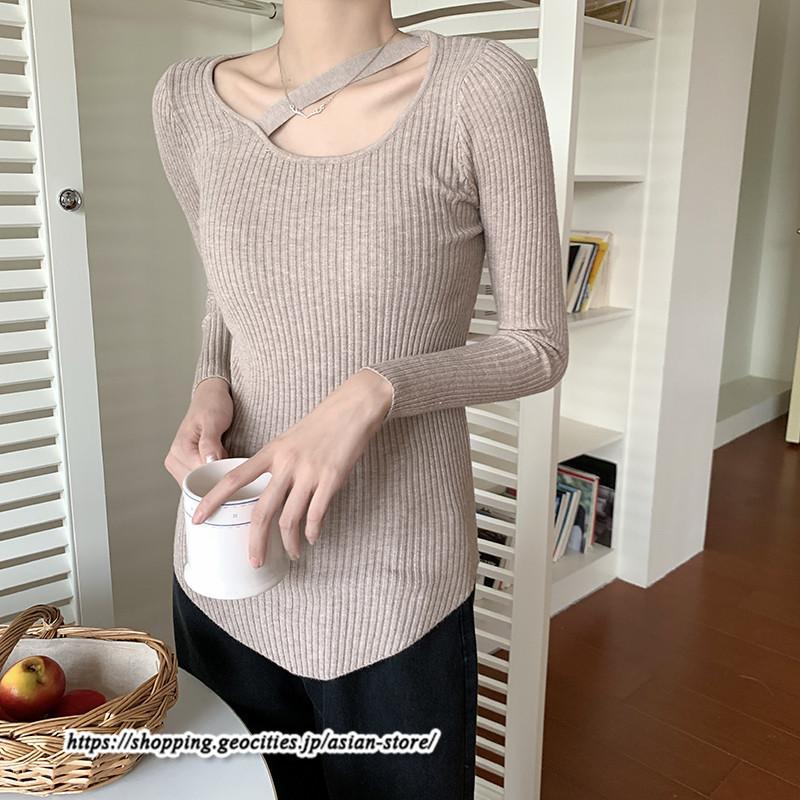 ニット・セーター | カットソー ニット レディース リブニット 長袖 秋冬 春 トップス スリム ストレッチ インナー 無地 通学通勤 着痩せ プルオーバー 長袖カットソー 長袖ニット