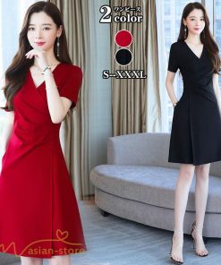 ミディアム | ワンピース レディース 無地 Vネック 半袖 カジュアル おしゃれ エレガント 上品 春 夏 新作 レディースワンピース サマーワンピース 膝丈 きれいめ お出かけ