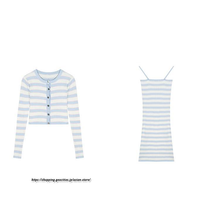 カーディガン | ニットワンピース リブニット トップス キャミワンピース ボーダー ニット 長袖 タイト ニットワンピース スリム セクシー 20代
