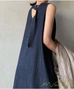 マキシ | ワンピース ノースリーブ デニムワンピース ロングワンピース マキシ丈 Vネック Aラインワンピース 無地 ゆったり 広い裾 夏ワンピ 30代40代50代 大人