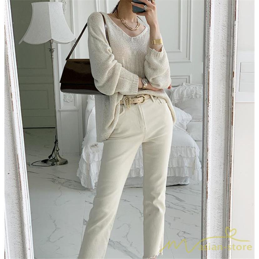 ニット・セーター | ニット サマーニット レディース トップス カットソー ニットソー Vネック 透かし編み 長袖 クルーネック Tシャツ ゆる 薄手 Tシャツ カジュアル リラックス