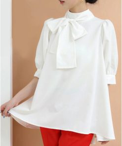 シャツ・ブラウス | ブラウス レディース 半袖 パフスリーブ ノーカラー ハイネック リボン 後ろリボン フォーマル 春夏 2way フレア 20代30代40代50代 通勤通学 蝶結び エレガント