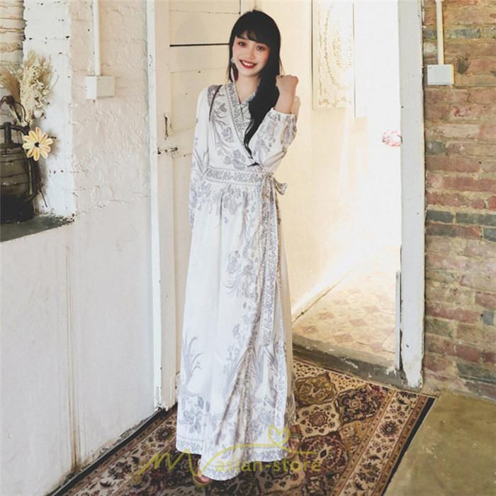 マキシ | マキシワンピース ロングワンピース レディース 夏 秋 長袖 紺 ゆったり Aライン 花柄プリント きれいめ リゾート 大人 20代 母 40代 同窓会 二次会 ママ 30代