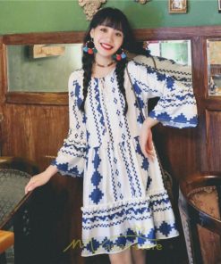 ミニ丈 | ワンピース 夏秋 レディース 長袖 綿麻 ひざ上 ショート かわいい リゾート 休み 旅行 お出かけ 華やか 着痩せ ゆったり 幾何学柄 エスニック風 Vネック 民族風