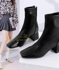 ショートブーツ | ブーティー ブーツ レディース シューズ 靴 太ヒール チャンキーヒール 合皮ブーツ PUブーツ くつ 黒靴 春秋冬 後ろファスナー 大人 美脚