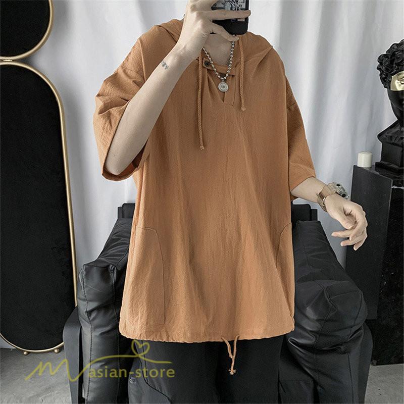 Tシャツ | トップス メンズ カットソー パーカー フード付き カジュアル 無地 7分丈 ゆったり 大きいサイズ 20代 30代 夏新作 ルームウェア 体型カバー シンプル