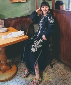 マキシ | ロングワンピース ワンピース エスニック コットンリネン 綿麻 花柄 リゾート 長袖 カジュアル 大人 夏秋 きれいめ 秋新作 スリット 体型カバー ゆったり