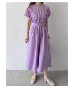 マキシ | 夏ワンピース ロングワンピース フレア 無地 半袖 ベルト付き Aラインワンピース レディース ワンピ 可愛い 体型カバー 大きいサイズ ゆったり カジュアル