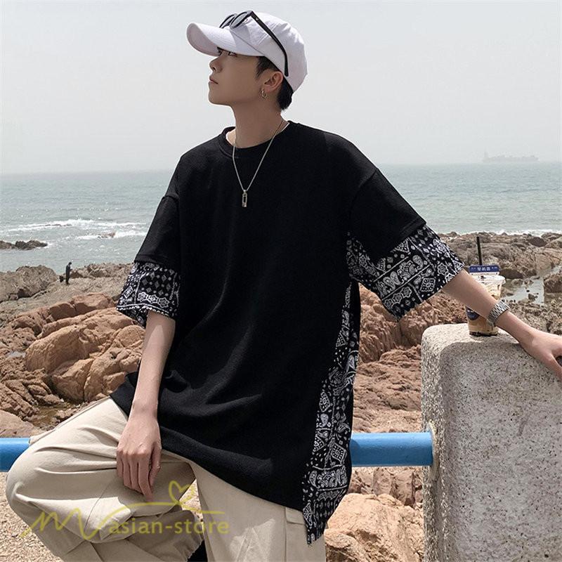 Tシャツ | メンズ 半袖 シンプル 半袖tシャツ クルーネック カジュアル 重ね着風 切り替え カッコウイイ 夏新作 カットソー ゆったり 20代 40代 体型カバー 30代