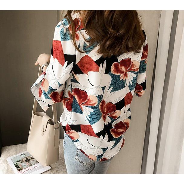 在庫ある | ブラウスレディースシャツ ファッションシャツ プリント花柄シャツブラウス 長袖 Vネック 春夏秋衣装 通学通勤 おしゃれ 着痩せ OL 体型カバー ゆったり 薄手