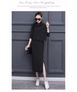 在庫ある | 短納期ニットワンピース ニットトップス 2点セット セットアップ タイトワンピース 裾スリット ハイネックショート丈トップス 長袖 シルエット OL カットソー