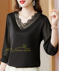 tシャツ・カットソー | Tシャツ レディース 7分袖 七分袖 カジュアル Vネック おしゃれ 女性用 シンプル 無地 ブラック 着痩せ レース付き シフォンシャツ 母の日 20代30代40代50代