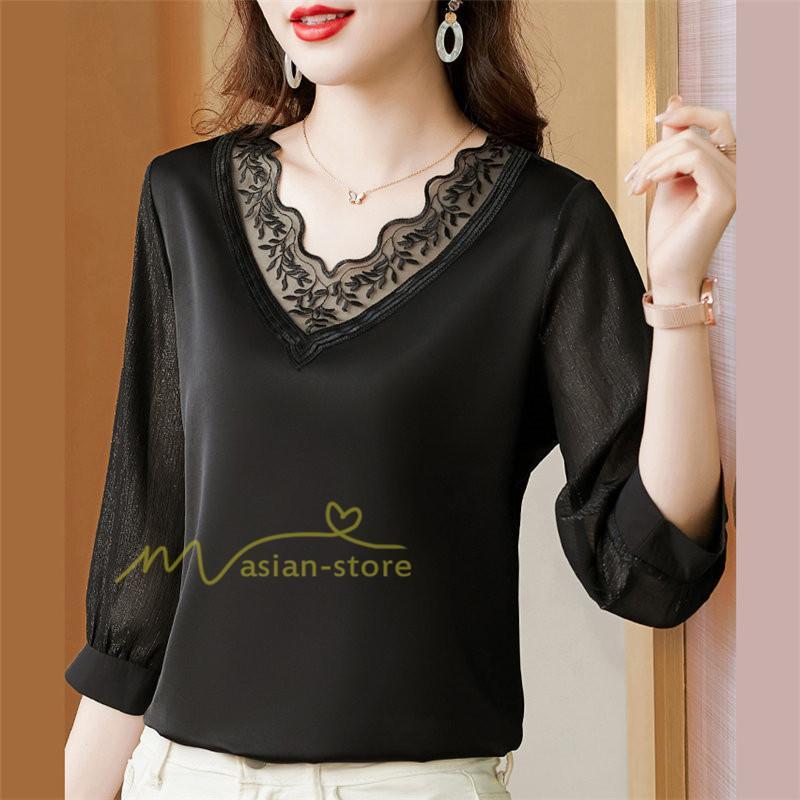 tシャツ・カットソー | Tシャツ レディース 7分袖 七分袖 カジュアル Vネック おしゃれ 女性用 シンプル 無地 ブラック 着痩せ レース付き シフォンシャツ 母の日 20代30代40代50代