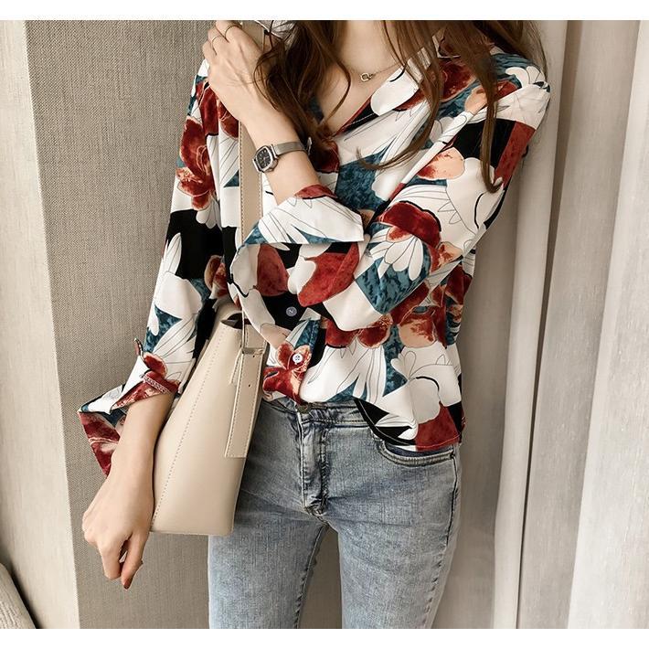 在庫ある | ブラウスレディースシャツ ファッションシャツ プリント花柄シャツブラウス 長袖 Vネック 春夏秋衣装 通学通勤 おしゃれ 着痩せ OL 体型カバー ゆったり 薄手