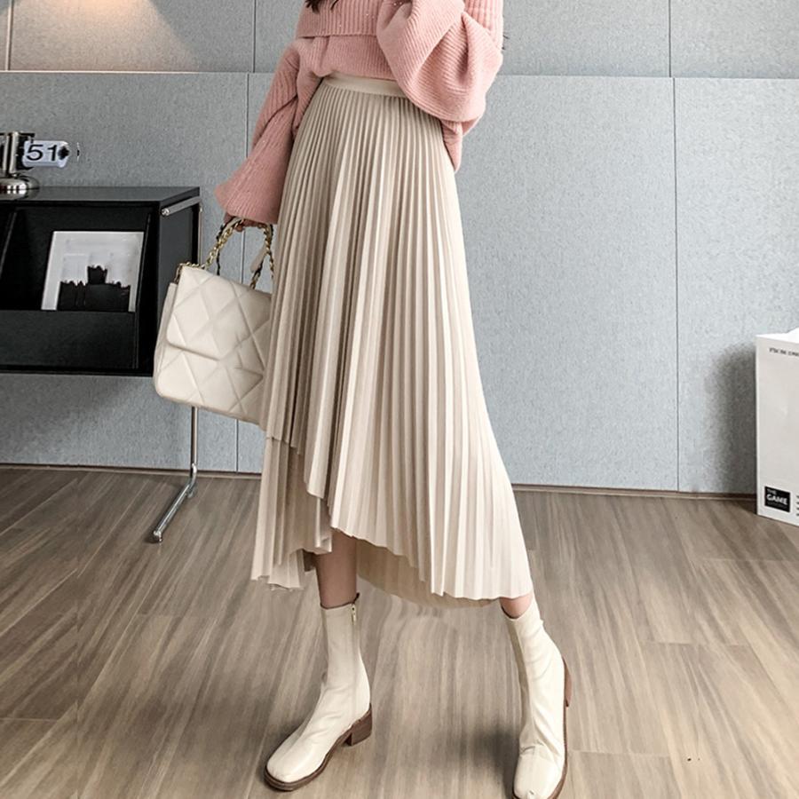 ロングスカート | 不規則裾 プリーツスカート ハイウエスト