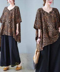 ｔシャツ・カットソー | カットソー レディース Tシャツ Vネック 5分袖 ヒョウ柄 レオパード 20代 30代 着痩せ 体型カバー ゆったり トップス 夏物 フリーサイズ 50代 40代 Vネック