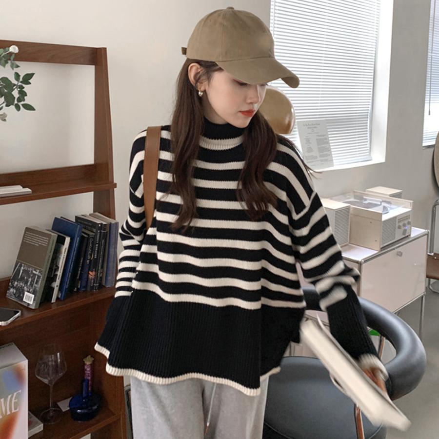 ニット・セーター | タートルネックボーダーニットトップス冬服