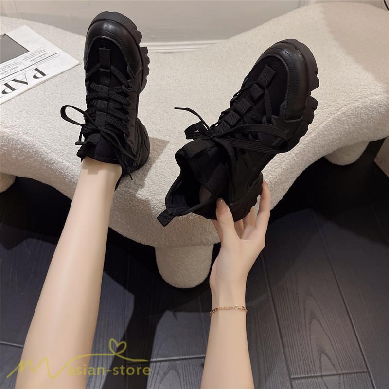 スニーカー | インソール レディース ダッドスポーツシューズ 靴 厚底 レースアップ 無地 履きやすい ハイカット 可愛い 脚長効果 歩きやすい 新作