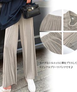 ワイドパンツ | ハイウエスト プリーツパンツ レディース ロングパンツ 着やせ ウエストゴム ボトムス ストレートパンツ