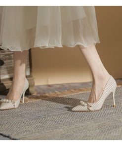 パンプス | ポインテッドトゥ ピンヒール スリップオン レディース ハイヒール グレンチェック ツイード 編みニット エレガント 22cm-24.5cm フェイクパール