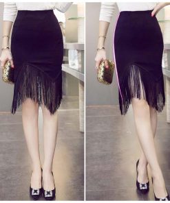 ひざ丈スカート | タイトスカート ミニ 裾 タッセル付きスカート アシンメトリー フリンジ セクシー