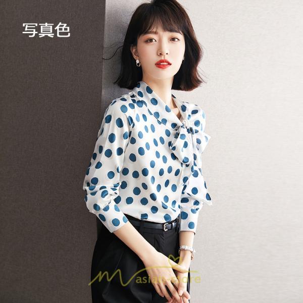 シャツ・ブラウス | ブラウス レディース シャツ トップス リボン 長袖 シフォン オフィス ドット柄 おしゃれ 高級感 ゆったり 日常 体型カバー デート 外出 通勤 着痩せ