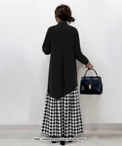 フレア | ドッキングワンピース 無地 チェック柄 長袖 レディース 秋物 ワンピース ロング丈 30代60代 フレアワンピース 不規則 丸首 切替 Tシャツワンピース 黒白