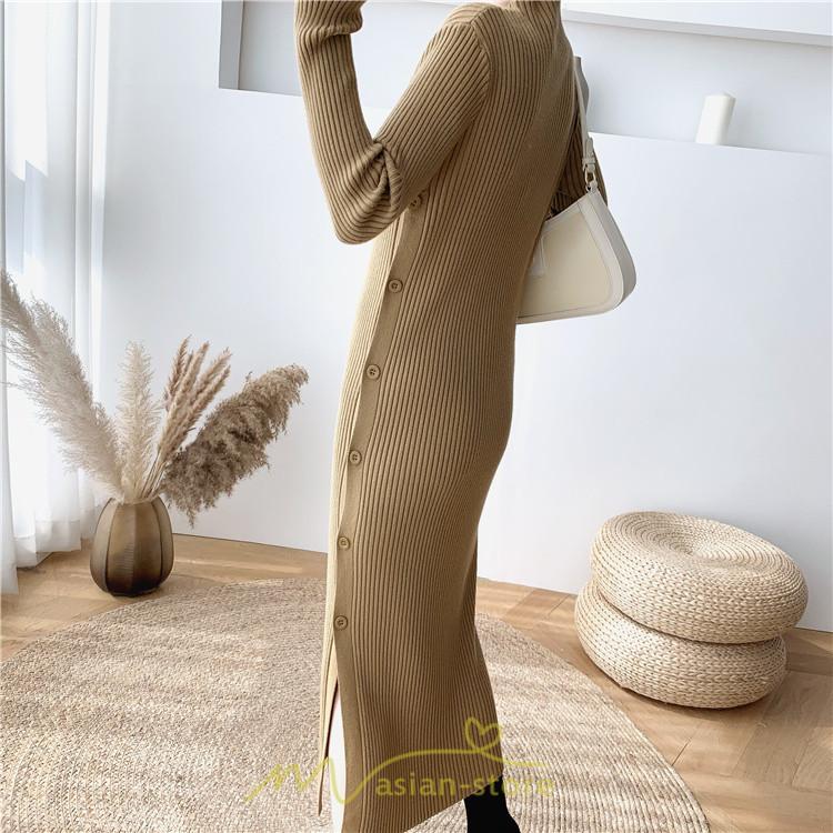ニットワンピース | レディース 冬 きれいめ ロング おしゃれ 秋冬 長袖 ハイネック サイドスリット セクシー 同窓会 デート 大人フェミニン 女子会 韓国風