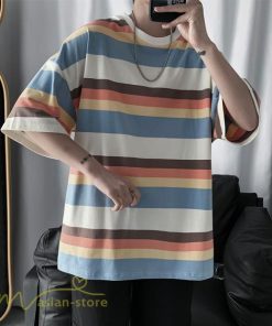 Tシャツ | カットソー メンズ ストライプ カジュアルクルーネック 5分袖 ワイドトップス メンズスタイル カッコウイイ 夏服 上品 日常感