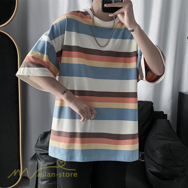 Tシャツ | カットソー メンズ ストライプ カジュアルクルーネック 5分袖 ワイドトップス メンズスタイル カッコウイイ 夏服 上品 日常感