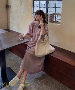 マキシ | ワンピース パフスリーブ 半袖 スクエアネック ゆったり 体型カバー ゆるワンピース フリーサイズ かわいい 無地 シンプル おしゃれ お出かけ レトロ 夏物 上品