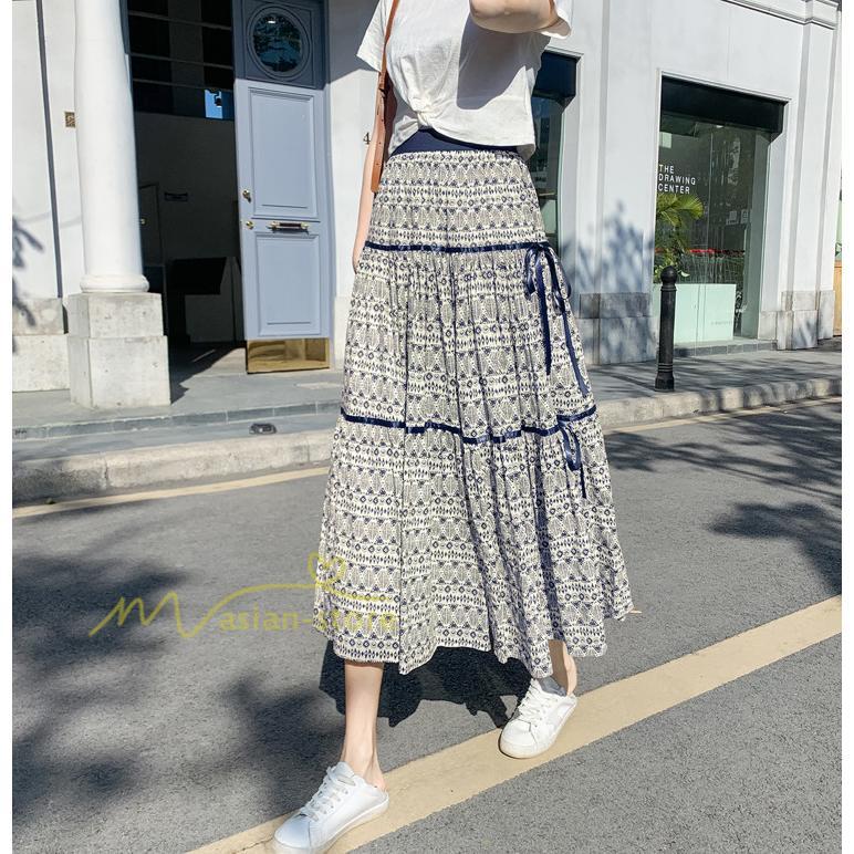スカート | フレアロングレデイース リネンウエストゴム 綿麻混 マキシマキシ レトロ風 体型カバー リゾート 夏物