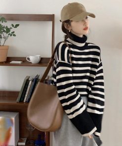 ニット・セーター | タートルネックボーダーニットトップス冬服