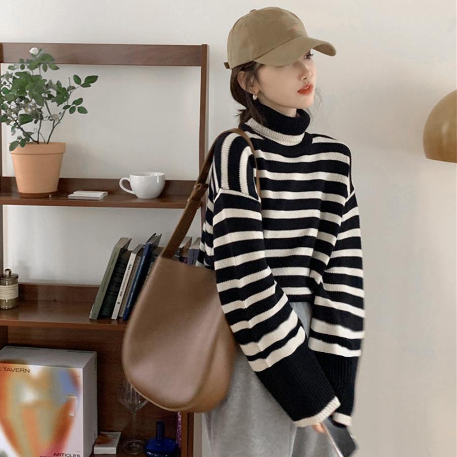 ニット・セーター | タートルネックボーダーニットトップス冬服
