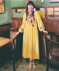 マキシ | ワンピース ロングワンピ パーティー お呼ばれ デート ゆったり 女子会 食事会 白 赤 黄色 青 Aライン 長袖 エスニック風 2022年夏秋新作 刺繍 Vネック 綿麻