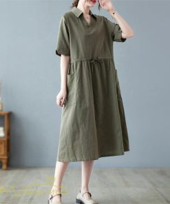 マキシ | ワンピース ゆるワンピース 無地 シャツワンピース ネック 麻混 ひざ丈 ウエスト紐 カジュアル ポケット 体型カバー ゆったり 30代 50代 夏物 40代 シンプル