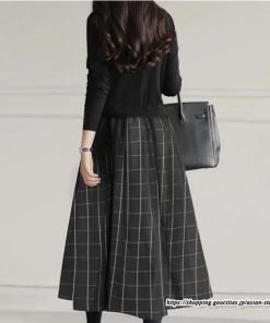 フレア | ドッキングワンピース ニットワンピース 無地 チェック柄 長袖 レディース 秋物 ワンピース 切替 グレーチェックスカート ニット 30代60代 フレアワンピース