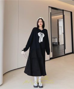 マキシ | 切り替えワンピース 長袖ワンピース 大きいサイズ ゆったり 体型カバー 黒ワンピース プリント ちょう 30代50代 かわいい 秋物 大人40代 レディース