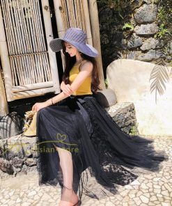 スカート | フレア チュールレディース ロングウエストゴム 春夏 リボン マキシ ドッキング 20代30代40代 着痩せ カジュアル お出かけ